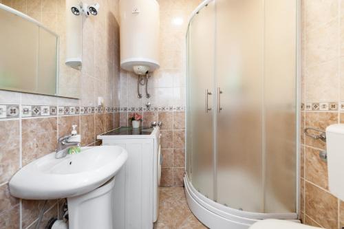 a bathroom with a sink and a shower at Momo's studio apartment Subotica in Subotica