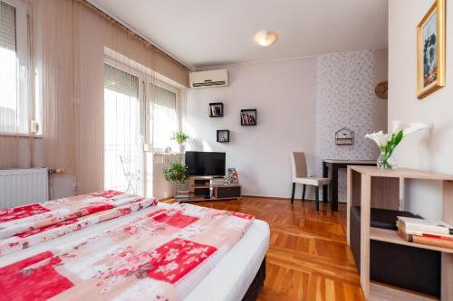 a bedroom with a large bed and a desk at Momo's studio apartment Subotica in Subotica