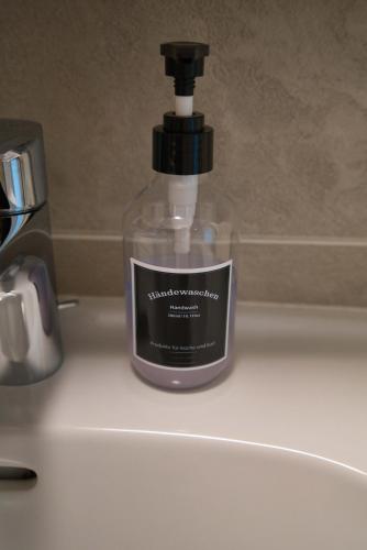 a bottle of soap sitting on top of a sink at Gaishöll-Wasserfälle Apartment Schwarzwald in Sasbachwalden
