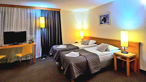 ラシンにある4 Żywioły Falenty Ośrodek Konferencyjno-Szkoleniowyのベッド2台とテレビが備わるホテルルームです。