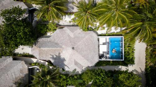 an overhead view of a house with a swimming pool and palm trees at Kihaa Maldives in Baa Atoll