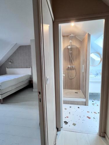 Cette chambre comprend un lit et une salle de bains pourvue d'une douche. dans l'établissement LA VILLA DU GOLF - avec piscine couverte chauffée et jacuzzi, au Tronchet
