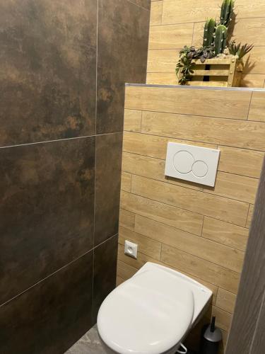 bagno con servizi igienici bianchi e piante di Rado Apartments a Svit