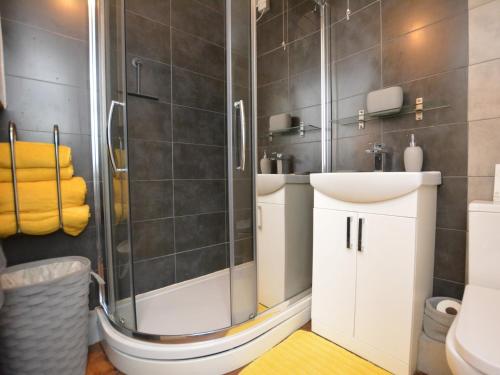 1 bed property in Trefor Beach 77891 في Llanaelhaiarn: حمام مع دش ومغسلة ومرحاض