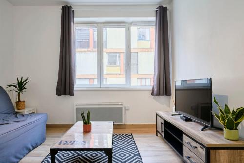 a living room with a couch and a tv at Quiet one-bedroom flat close to the metro in Lille