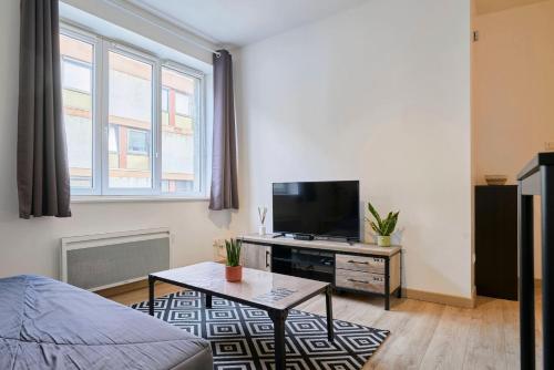 a living room with a bed and a tv at Quiet one-bedroom flat close to the metro in Lille