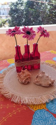 a vase with flowers in it on a table at Appartamento Alma de Cri 10b, Sal Rei Estoril in Sal Rei