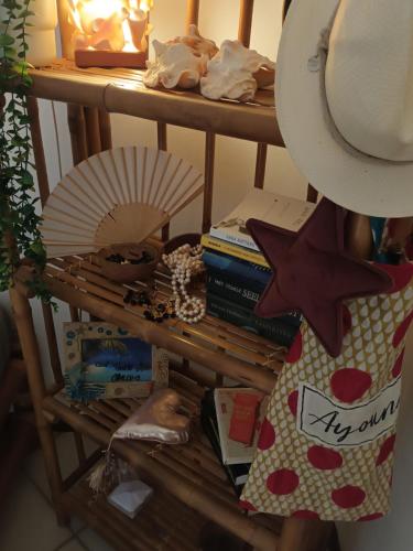 a shelf with books and other items on it at Appartamento Alma de Cri 10b, Sal Rei Estoril in Sal Rei