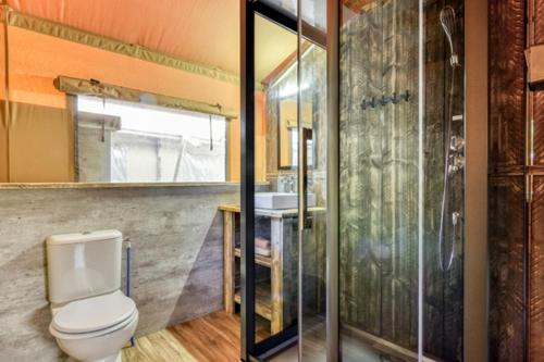 La salle de bains est pourvue de toilettes et d'une douche en verre. dans l'établissement Camping Saint-Lambert - Maeva, à Millau