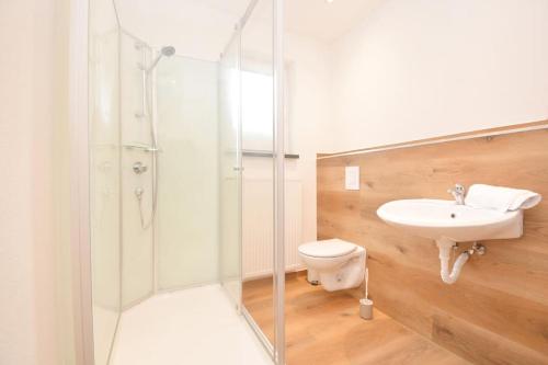 CO01-HI Apartment für Facharbeiter in Coburg في كوبورغ: حمام مع دش ومرحاض ومغسلة