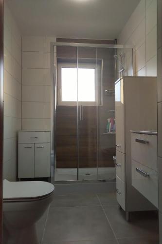 a bathroom with a toilet and a shower with a window at Wczasy u Ireny in Lubiatowo