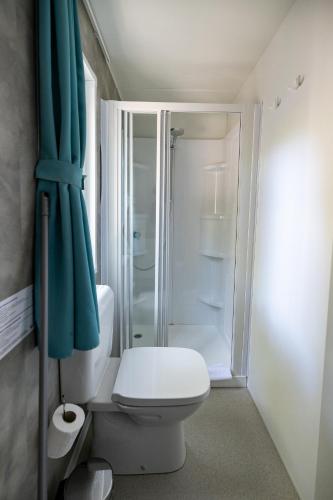a bathroom with a white toilet and a shower at Salinello Village in Tortoreto Lido