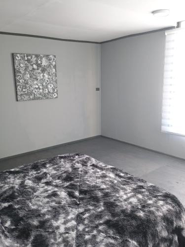 Chambre blanche avec tapis noir au sol dans l'établissement Naturaleza viva Algarrobo, à San Antonio