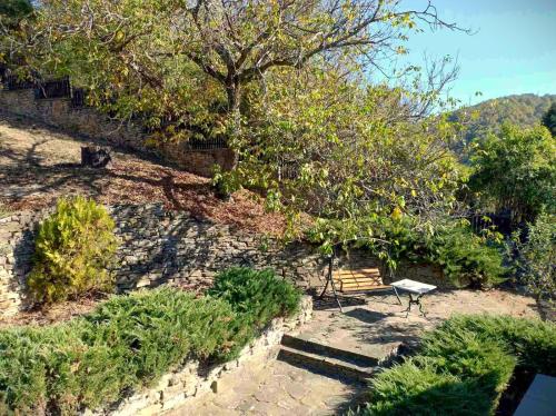 a garden with a bench and trees and bushes at Hadjigabarevata Kashta in Dalbok-Dol