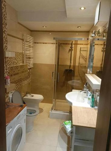 a bathroom with a toilet and a sink and a shower at Zakrzowek rent in Krakow