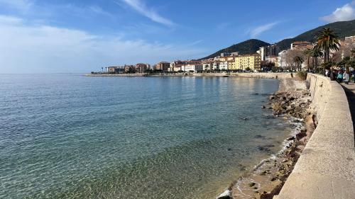 - une vue sur la plage, les bâtiments et l'eau dans l'établissement Charmant T2 coeur de ville, à Ajaccio