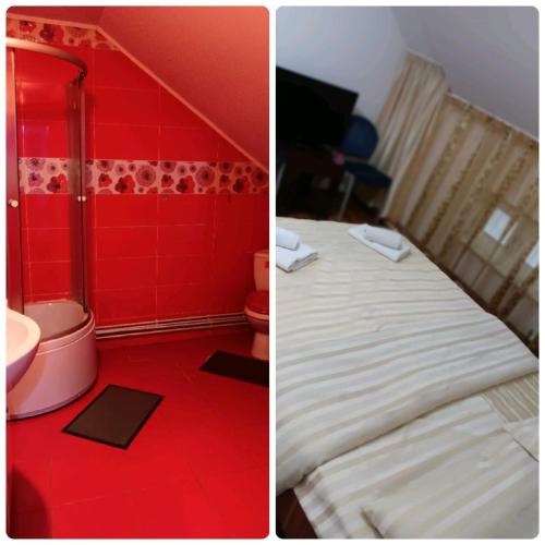 ビシェウ・デ・ススにあるCASA TEOの赤い壁のベッドルーム1室(ベッド1台付)