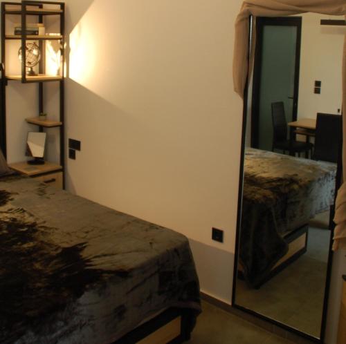 sypialnia z 2 łóżkami i lustrem w obiekcie Studio Mayer w mieście Patras