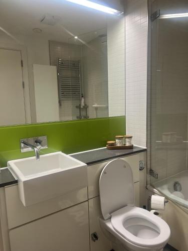 a bathroom with a white toilet and a sink at Luxury 1-Bed Apartment in the heart of Leicester in Leicester