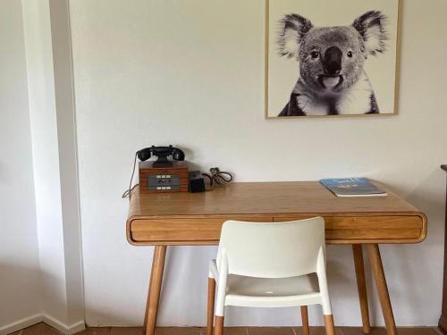 un escritorio con una foto de un koala en la pared en Buderim Nest, en Buderim