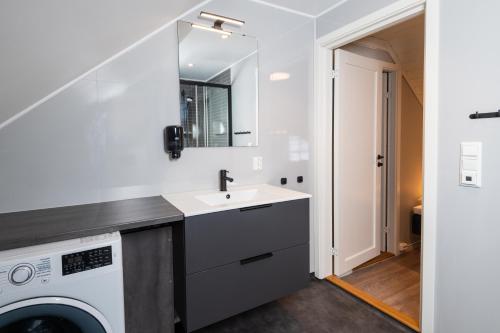 a bathroom with a sink and a washing machine at Rjukan Hytteby in Rjukan