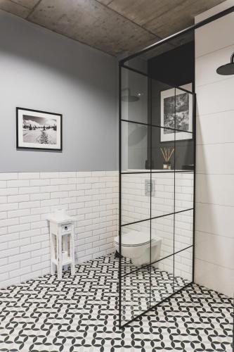 a bathroom with a glass shower and a toilet at Apartamenty Bliżej Nieba - Jagniątków in Jelenia Góra