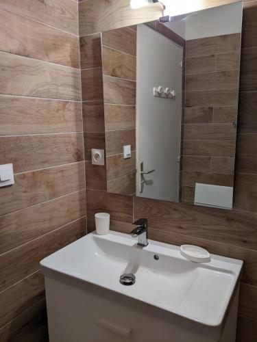 une salle de bain avec un lavabo blanc et un miroir dans l'établissement Studio 4 pers terrasse vue mer, à Ajaccio
