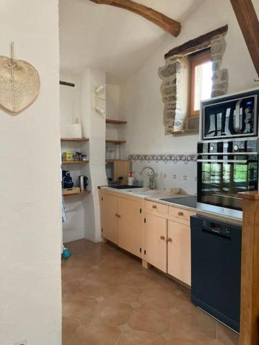 une cuisine avec un évier et une cuisinière four supérieur dans l'établissement La nuit de la chouette, à Bruniquel