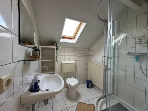 Un baño con inodoro, lavabo y ducha. en Crox Houcke 24*, en Nieuwvliet