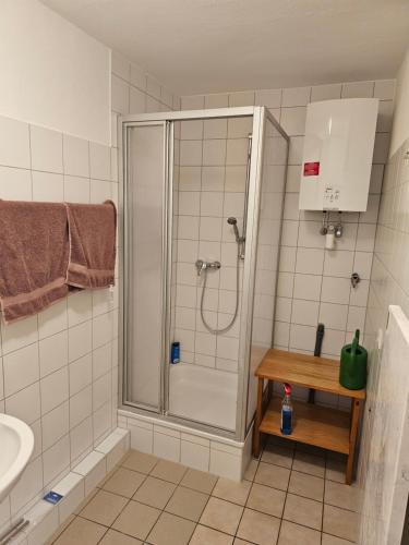 a bathroom with a shower and a sink at Pension Ochsen 