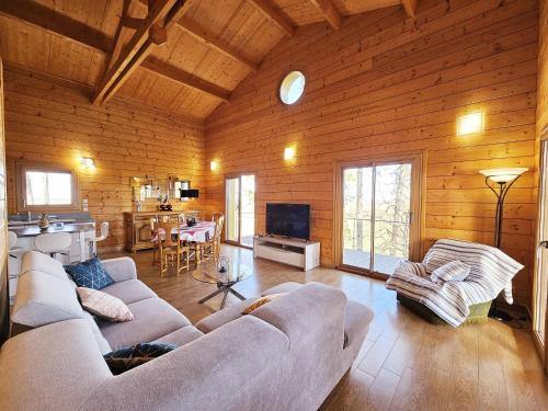un salon avec un canapé et une télévision dans l'établissement Le cottage des pins chalet sur les vignes, à Bonneuil