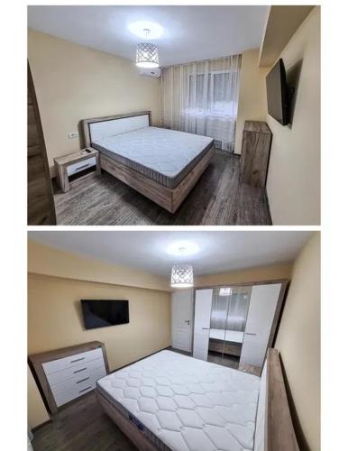 2 Bilder eines Schlafzimmers mit einem Bett und einem TV in der Unterkunft iulian in Brăila
