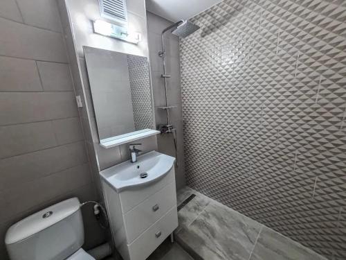 ein Badezimmer mit einem WC, einem Waschbecken und einem Spiegel in der Unterkunft iulian in Brăila