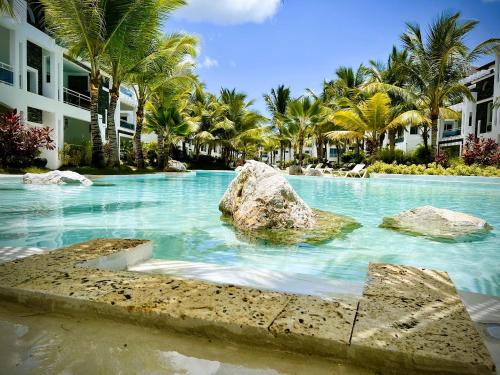 una piscina con una roca en el agua en Beautiful Star of the Caribbean - Apartment Estrella Dominicus Bayahibe, en La Laguna