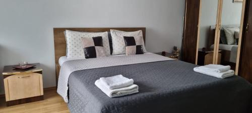 una camera da letto con un grande letto con asciugamani di CAZARE SERGIO a Craiova