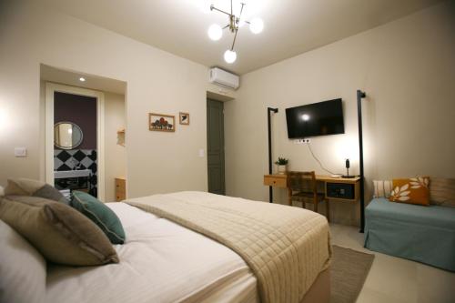 a bedroom with a bed and a desk and a television at Living Yard Acropolis in Athens
