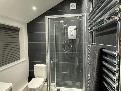 a bathroom with a toilet and a glass shower at Broadway Terrace with Hot tub in Kent