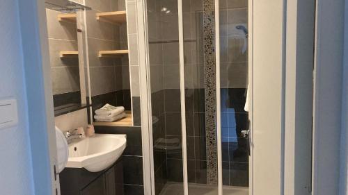een badkamer met een douche en een wastafel bij Aux Trois Jean in Le Crotoy