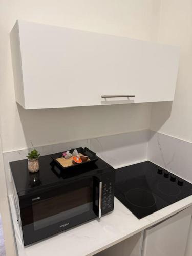 une cuisine avec un four micro-ondes noir dans un comptoir dans l'établissement Vieux Marché - 1er Etage Rue, à Rouen