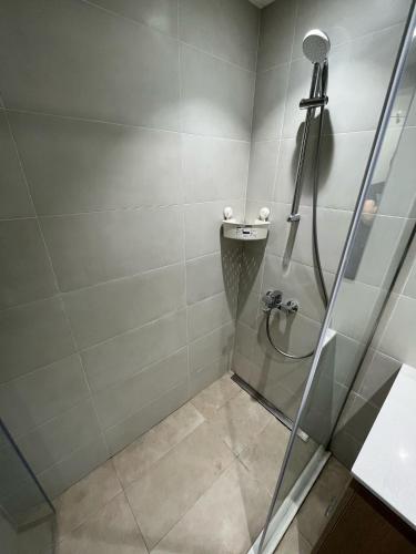 a bathroom with a shower with a glass door at Angel BW Apartments in Sajmište
