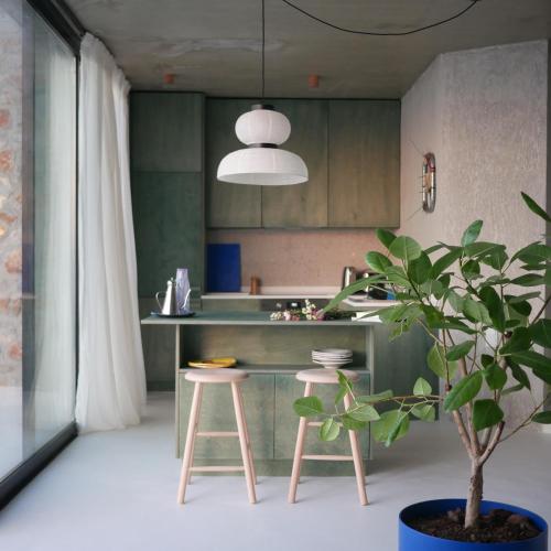a kitchen with green cabinets and a potted plant at LASPI / PETRES in Pefkali