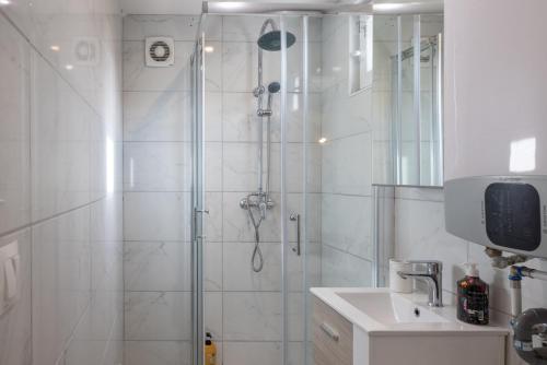 La salle de bains est pourvue d'une douche et d'un lavabo. dans l'établissement Résidence Lawawi - studio Savoie, à Albertville