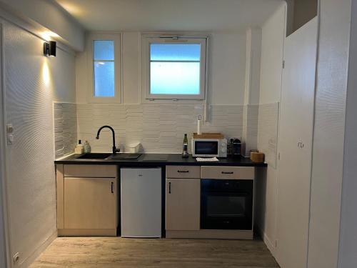 eine Küche mit einer Spüle und einer Mikrowelle in der Unterkunft L'éclectique - Appartement 40m2 + Parking in Châteauroux