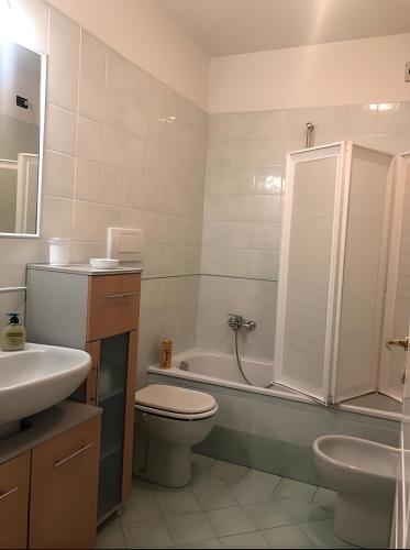 La salle de bains est pourvue de toilettes, d'un lavabo et d'une douche. dans l'établissement Appartamento con parcheggio privato a Lucca, à Lucques