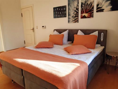 マルヒョーにあるFerienwohnung Malchow SEE 8791のベッドルーム1室(オレンジ色の枕が付いたベッド1台付)
