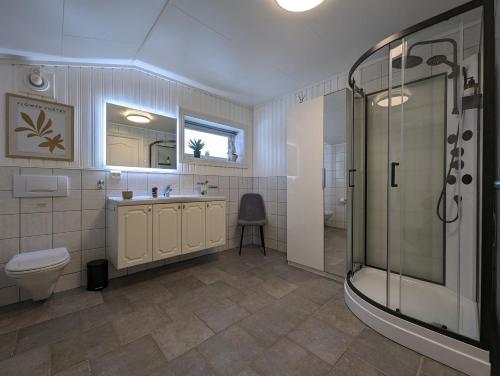 a bathroom with a shower and a toilet and a sink at Sea & Mountain View Apartment Tromsø in Tromsø