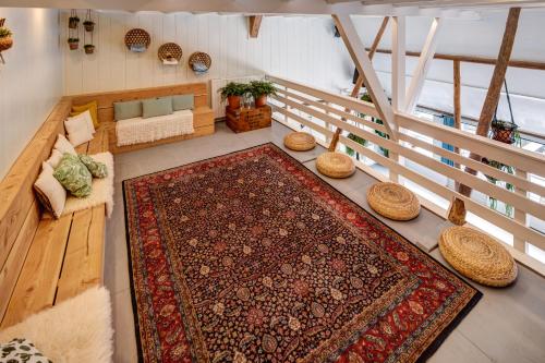 Nijhuizum的住宿－Groepsaccommodatie Fries en Fruitig Nijhuizum，享有空中景致的客厅,客厅铺有地毯