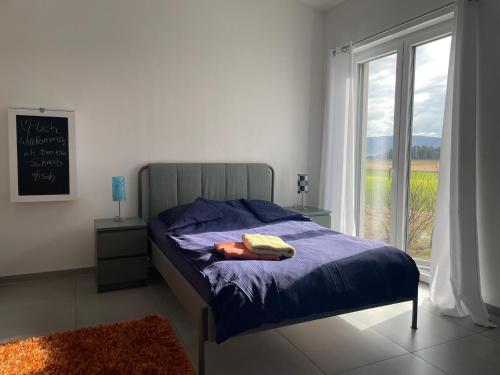 um quarto com uma cama com uma janela e um quadro-negro em Schöne Unterkunft Nähe Schweiz em Gottmadingen