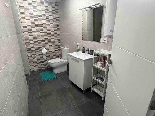 a bathroom with a toilet and a sink and a mirror at Loft Entero Centro Alicante in Alicante