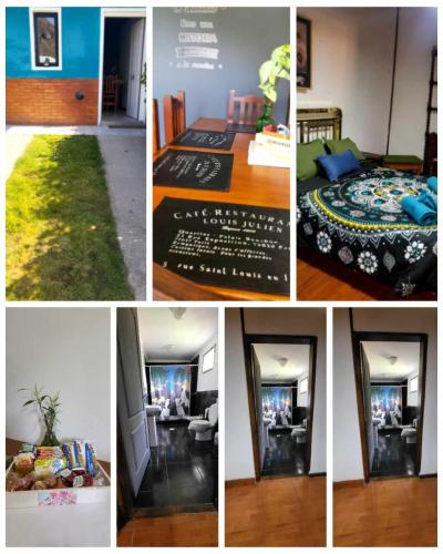 a collage of four pictures of a room at Latitud Austral in El Calafate